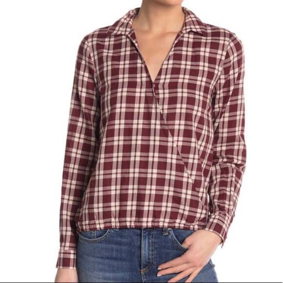 Madewell Arion burgundy cream plaid front wrap long sleeve shirt size Small NWT - Picture 1 of 8
